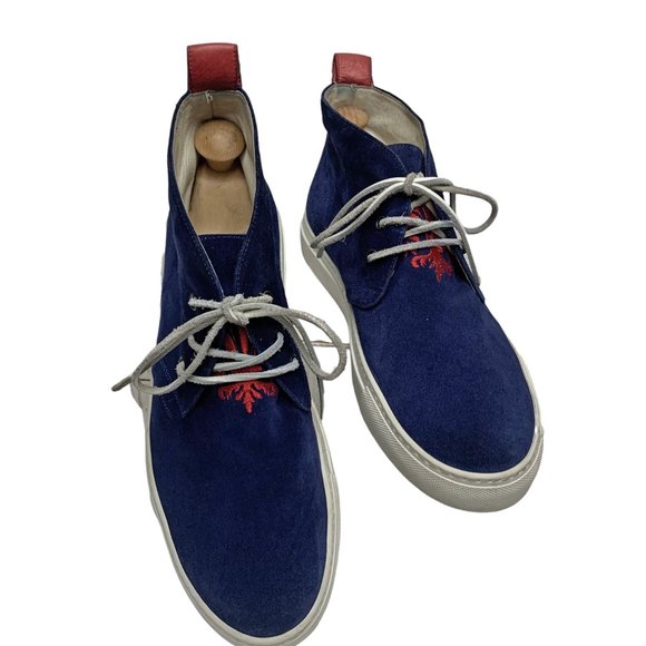 Del Toro Italian Navy Suede Red Embroidered Tongue Chukka Sneakers - Picture 7 of 12